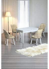 Resim Florn Beyaz 80 X 132 Açılabilen Mdf Masa Metal Ayaklı Mutfak Masası Takımı 4 Krem Sandalye Krem 