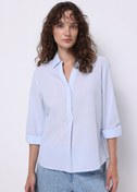 Resim Regular Fit Shirt Neck Çizgili Kadın Mavi Roll-Up Gömlek Colin's