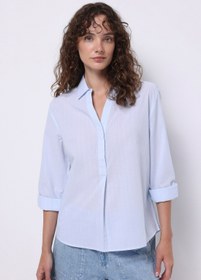 Resim Regular Fit Shirt Neck Çizgili Kadın Mavi Roll-Up Gömlek 
