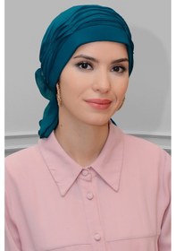 Resim Hürrem Bone P. Mavisi Pratik Hazır Geçmeli Tesettür Bone Sandy Kumaş İncili Pileli Nervürlü Güllü 1805 17 Petrol Mavisi 