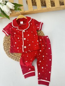 Resim Kız Bebek Kırmızı Minik Yıldız Desenli Pijama Takımı 
