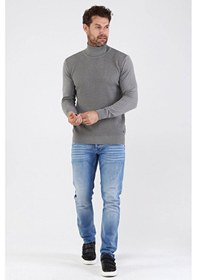Resim Çizgi Triko Erkek Tam Balıkçı Yaka Pamuklu Triko Kazak 4669E Gri 