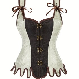 Resim Kadınlar İçin Gotik Punk Korse - Yüksek Destekli Vintage Jakarlı Desenli, Kahverengi/Beyaz İki Tonlu Renk Blokajı, Fırfır Detaylı ve Ayarlanabilir Bağcıklı, Cosplay, Kostüm Partileri, Gotik Moda, Retro Tarz, Bel Sıkıcı, Retro Stil Severler için Elde Yıkama Önerilir 