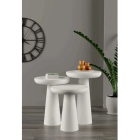 Resim Wood Wooden Mat Beyaz 3lü Set Mantar Yan Sehpa Fiskos Çiçeklik Decorative 