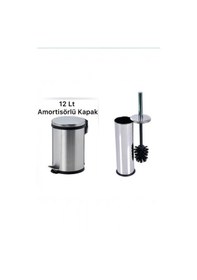 Resim 12 Litre Paslanmaz Krom 2'li Banyo Seti Pedallı Çöp Kovası Wc Klozet Tuvalet Fırça Banyo Seti Gri 