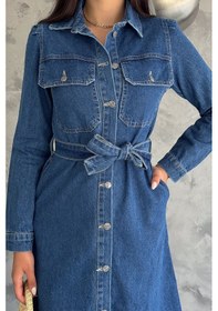 Resim Noa & Noa Kadın Kuşaklı Düğmeli Denim Elbise Yapılandırılmış & Şehirli Stil Mavi 