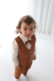 Resim Kahverengi Keten Yelek + Pantolon + Gömlek + Papyon - 1 Yaş 