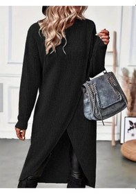 Resim Defymoda Kadın Uzun Kollu Bisiklet Yakalı Önden Çapraz Kesim Detaylı Midi Triko Elbise Siyah 