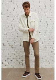 Resim AC&Co / Altınyıldız Classics Erkek Bej Comfort Fit Rahat Kesim Gizli Düğmeli Yaka %100 Pamuk Kışlık Gömlek Ceket Bej 