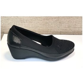 Resim White Line 1630 Kadın Taşlı Paraşüt Kumaş Dolgu Topuklu Ayakkabı Siyah 