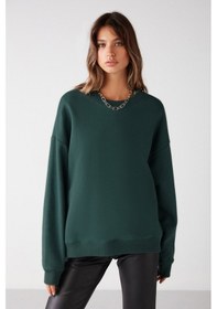 Resim Susana Kadın Bisiklet Yaka Içi Polarlı Oversize Fit Basic Koyu Yeşil Sweatshirt 