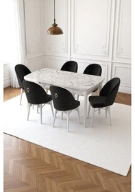 Resim Mia Serisi Açılabilir Mutfak Masası Takımı Beyaz Mermer Desen Masa 6 Sandalye, Yemek Masası Siyah 