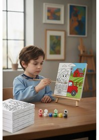Resim Çiftlik Ve Kamyon Temalı Çocuk Boyama Tuvali Şövaleli Eğitici Boyama Seti 20x20 Cm 
