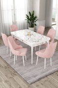 Resim Canisa Eta Serisi 80x132 Mdf Beyaz Mermer Desenli Masa 6 Pembe Sandalye Mutfak Masası Takımı 