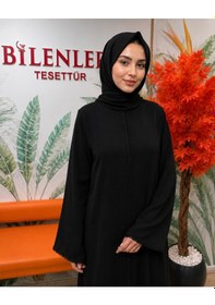 Resim Bilenler Dubai İpeği Kesme Kristal Taşlı Fermuarlı Ferace Siyah 