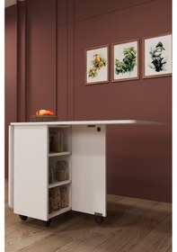 Resim Asra Trend KM-100 %100 MDF 168x70 cm Katlanır Akıllı Mutfak Masası 3 Çekmeceli Tekerlekli Servis Masası Beyaz 