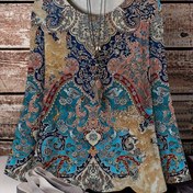 Resim Büyük Beden Bohem Uzun Kollu Yuvarlak Yaka Tişört - Tüm Mevsimler İçin Orta Esneklikte Polyester Karışımlı Rahat Kabile Desenli Triko Üst 