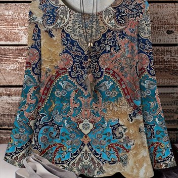 Büyük Beden - Kadınların Bohem Tarzı Büyük Beden Uzun Kollu Yuvarlak Yaka Tunik - Canlı Çiçek ve Geometrik Baskı, Esnek Kumaş, Rahat İlkbahar ve Sonbahar Üstü, Tüm Mevsim Üstü|Bohem Tarzı|Esnek Kumaş