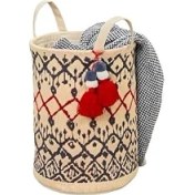 Resim Kilim Desenli Yuvarlak Sepet El ve Plaj Çantası – 37X30 Cm, Çok Amaçlı Dekoratif Organizer, Saklama 