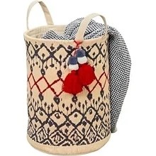 Resim Kilim Desenli Yuvarlak Sepet El ve Plaj Çantası – 37X30 Cm, Çok Amaçlı Dekoratif Organizer, Saklama 