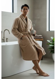 Resim % 100 Pamuklu Laodikeia Şalyaka Bornoz Kadın Erkek Unisex Bej 