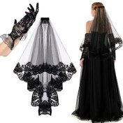 Resim 2 parça Gelin Giyim Aksesuarları Siyah Dantel Gelin Duvağı Baş Duvağı + Siyah Dantel Kısa Eldiven Düğün Cosplay İki Parça Set Parti Giyim Aksesuarları 