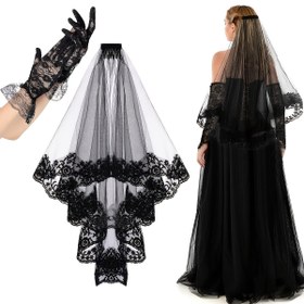Resim 2 parça Gelin Giyim Aksesuarları Siyah Dantel Gelin Duvağı Baş Duvağı + Siyah Dantel Kısa Eldiven Düğün Cosplay İki Parça Set Parti Giyim Aksesuarları 