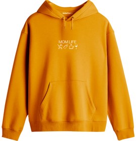 Resim Mom Life Baskılı Unisex Kapüşonlu Yaka Hoodie - Hardal / XL 