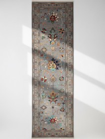 Resim Gray Floral Hand-Knotted Runner Rug: 3''x9'' Premium Double-Knotted Artisan Piece 