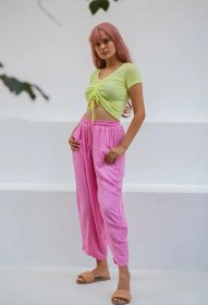 Resim Keten Yumuşak Dokulu Pembe Rengi Kadın Şalvar Pantolon B002 