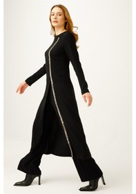 Resim Esswaap Şerit Leopar Aksesuarlı Pantolonlu Takım Siyah Siyah 