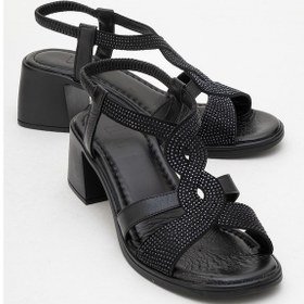 Resim Dolen Siyah Taşlı Hakiki Deri Kadın Kalın Topuklu Sandalet Siyah 