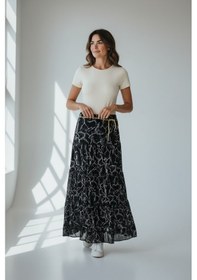 Resim Ece Giyim Kadın Katlı Desenli Beli Lastikli Bedenli Çingene Etek Siyah 