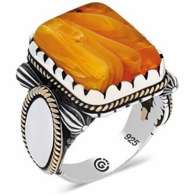 Resim Bague homme en argent et pierre œil de tigre orange inclinée 