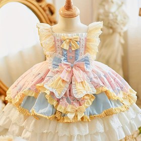 Resim Kızların Renkli Gradyan Geometrik Desenli, Kurdele Detayı ve Katmanlı Etekli Tatlı Prenses Tütü Elbisesi - Kollu Olmayan A-Kadran Diz Boyu Dans Elbisesi, Doğum Günleri, Performanslar ve Özel Günler İçin, Prenses Elbiseleri Kızlar İçin, Performans Kıyafeti, Şık Uyumlu Üst, Dekoratif Kurdeleler 