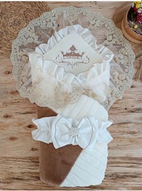 Resim Yenidoğan Wool Yün Kumaş Taç Nakışlı Güpür Duvaklı Fiyonk Prizma Taş Unisex Kundak Bebek Battaniyesi Kahverengi 