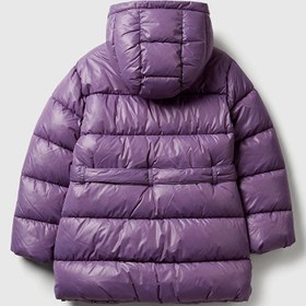 Resim Benetton Kız Çocuk Mor Kolu Simli Logolu Beli Bağlamalı Kapüşonlu Dolgulu Mont - 11-12 Yaş 