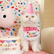 Resim 1 set Evcil Hayvan Doğum Günü Kostümü, Kedi ve Köpek Karikatür Sevimli Elbise, Polyester Malzeme, 1 adet Şapka + 1 Tazminat Salya Havlusu İçerir, Tüylü Gençlerin Doğum Günü İçin Mükemmel Giyim Hediyesi 