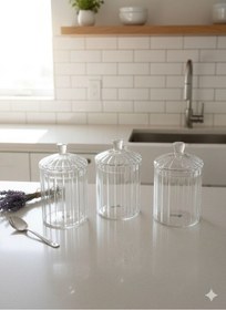 Resim Morponi 3'lü Borosilikat Cam Optik Çizgili Papatya Kavanoz 350 Ml Şeffaf 