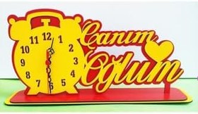 Resim Canım Oğlum Ahşap Masaüstü Kalpli Saat Sarı-Kırmızı, canımoğlsk 
