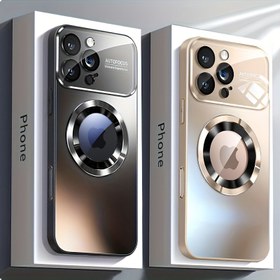 Resim Lüks Titanyum Metalik Renk Mat Manyetik Kablosuz Şarj iPhone 16 15 14 13 12 Pro Max Plus 11 Büyük Pencere Cam Lens Kamera Koruma Darbeye Dayanıklı Arka Kapak 