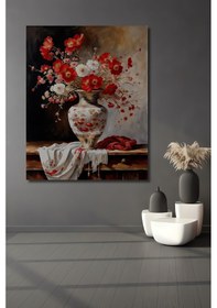 Resim Yağlı Boya Görünümlü Kırmızı Beyaz Çiçek Buketi Vazo Dekoratif Ahşap Ev,antre,salon,ofis Tablo--- 60 X 90 