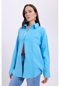 Resim Tudors Kadın Oversize Geniş Kesim %100 Pamuk Müslin Kumaş Uzun Kollu Cepli Dokulu Mavi Gömlek-37926 