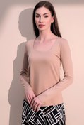 Resim New Laviva Kadın Bej Günlük Stil Basic Kare Yaka Uzun Kol Bluz 