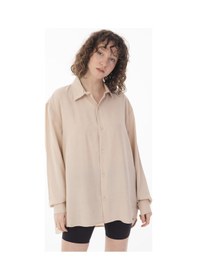 Resim R-3575 Apaş Yaka Uzun Kollu Aerobin Kumaş Oversize Gömlek Bej 