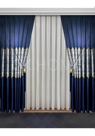 Resim Pano Fon Perde Lacivert Damask Çiçek Desenli Fon Perde Sık Pile 1/3 Tek Kanat Lacivert 