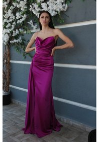 Resim Feminist Violet Straplez Drape Detaylı Yırtmaçlı Saten Kumaş Abiye Elbise 1607209.273 Violet 
