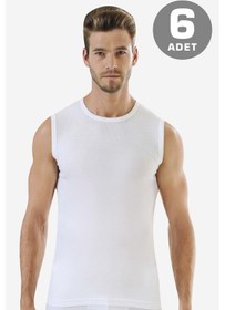 Resim 6 Adet Beyaz Kolsuz Erkek Atlet Yuvarlak Yaka Sıfır Kol Tişört %100 Pamuklu Beyaz 