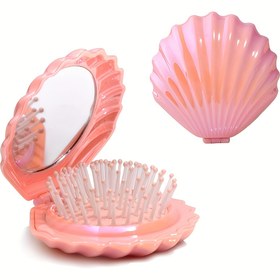 Resim 1 Adet Katlanabilir Seyahat Saç Fırçası - Kabuk Şekilli Kompakt Tasarım, ABS Plastik Sap ve Ergonomik Tutuş, Taşınabilir Saç Fırçası, Plaj ve Ev Kullanımı İçin, Yansımalı Kapaklı, Kuruluk Bakım Aksesuarı, Şık Saç Bakım Aracı 