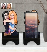 Resim Bk Gift Kişiye Özel Kız Kardeşler Karikatürlü Ahşap Biblo Telefon Standı-10 